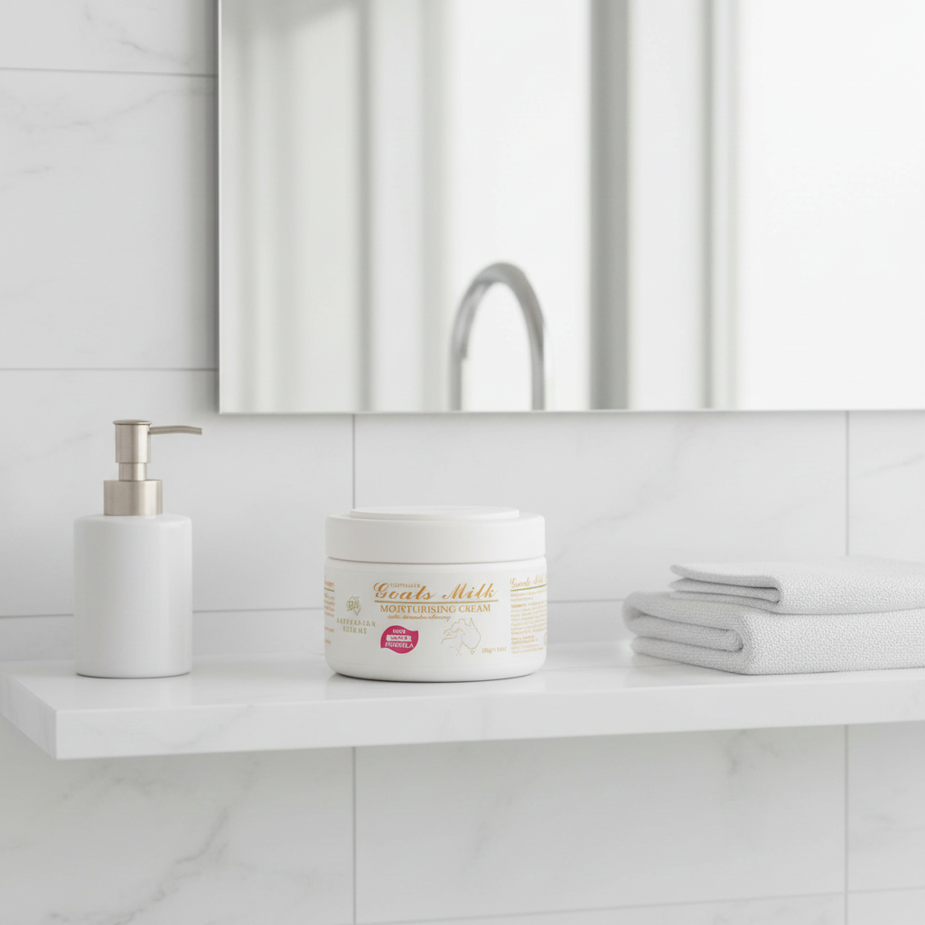 goats milk moisturiser in a bathroom