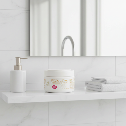 goats milk moisturiser in a bathroom
